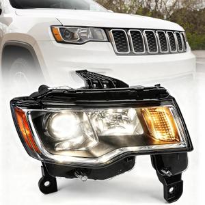 Right Halogen Headlight Assembly for 2017-2021 Jeep Grand Cherokee | Passenger Side Headlamp Chrome Housing Replacement for 68266647AD