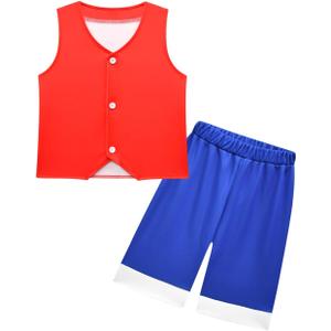 Kids Anime Suit Red Vest and Blue Shorts Set Summer Holiday Outfit Set for Boys Girls (Large)