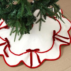 Soulchen Red Velvet Bow Christmas Tree Skirt 36 Inches White Scalloped Furry Plush Bow Tree Stand Collar Blanket Vintage Xmas Decorations for Indoor Outdoor Decor Holiday Supplies