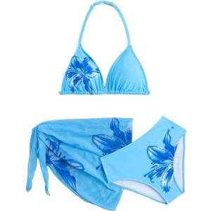 RoseSeek Girl's 3 Piece Swimsuits Floral High Waisted Bikini Bathing Suit with Mesh Coverups Skirt (Blue, 10Y)