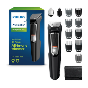Norelco Philips Multigroom 3000 Series, All-in-One Trimmer, Beard Trimmer and Hair Clipper, 15-Piece Men's Grooming Kit for Head, Beard, Face, Nose, Ears, No Blade Oil Needed, Soft Pouch, MG3770/40