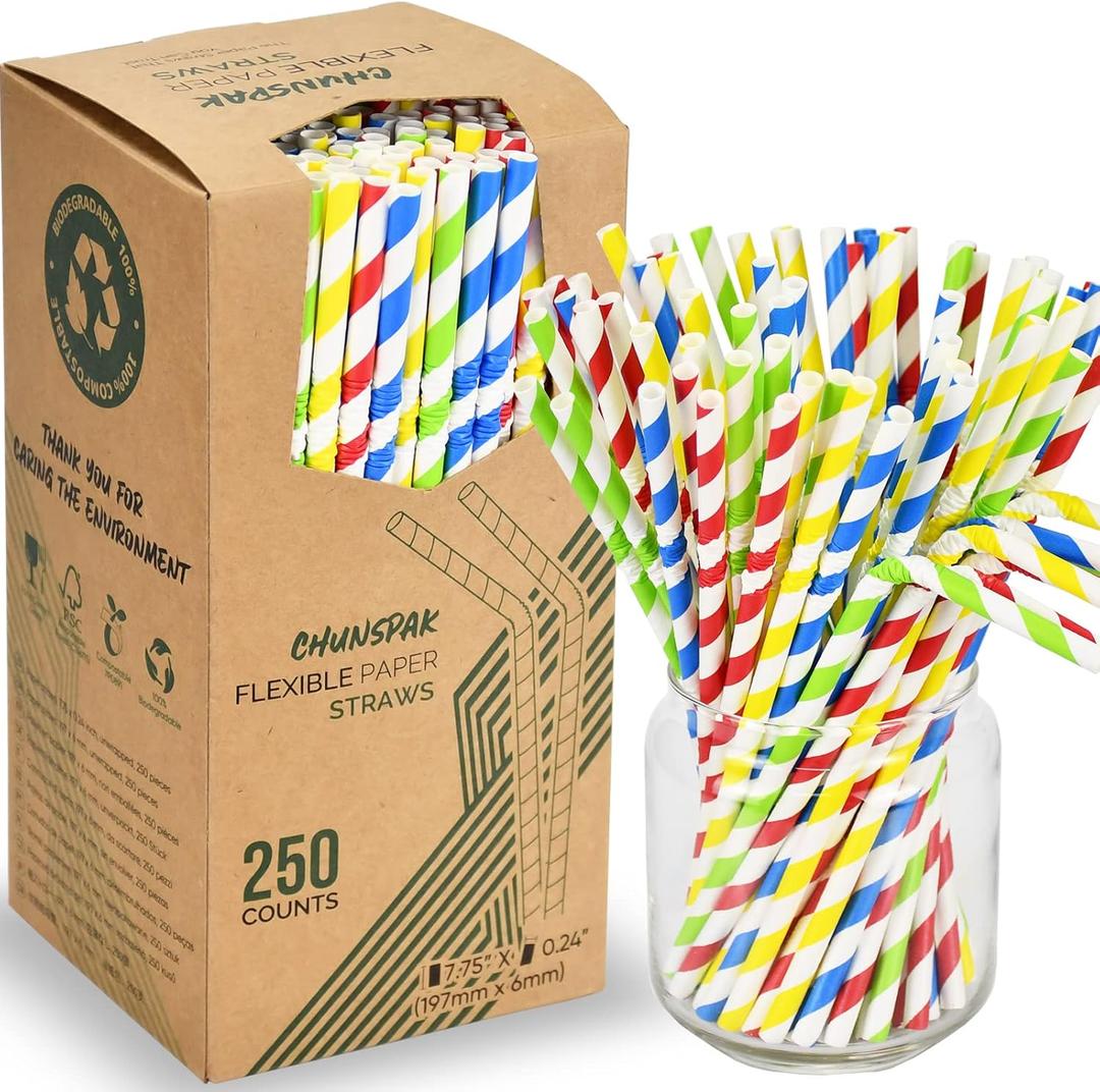 Flexible Paper Drinking Straws, 250 Count, 7.75" Long, 0.24" diameter - 100% Biodegradable - Assorted Striped Colors (Colorful Stripes)