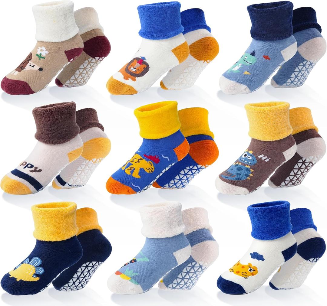 ANTSANG Baby Toddler Grip Socks, Girls Boys Thick Cotton Ankle Crew Socks | Enhanced Grips, Adjustable Cuff, Smooth Toe, High Elasticity, Soft Touching, Breathable, Moisture-Wicking, Non-Slip, 9 Pairs