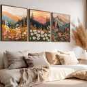 3 Pcs Boho Daisy Mountain Canvas Wall Art Abstract Flower Wildflower Sunset Paintings Pictures Wall Decor Colorful Floral Botanical Landscape Poster Print Artwork for Living Room Bedroom Unframed