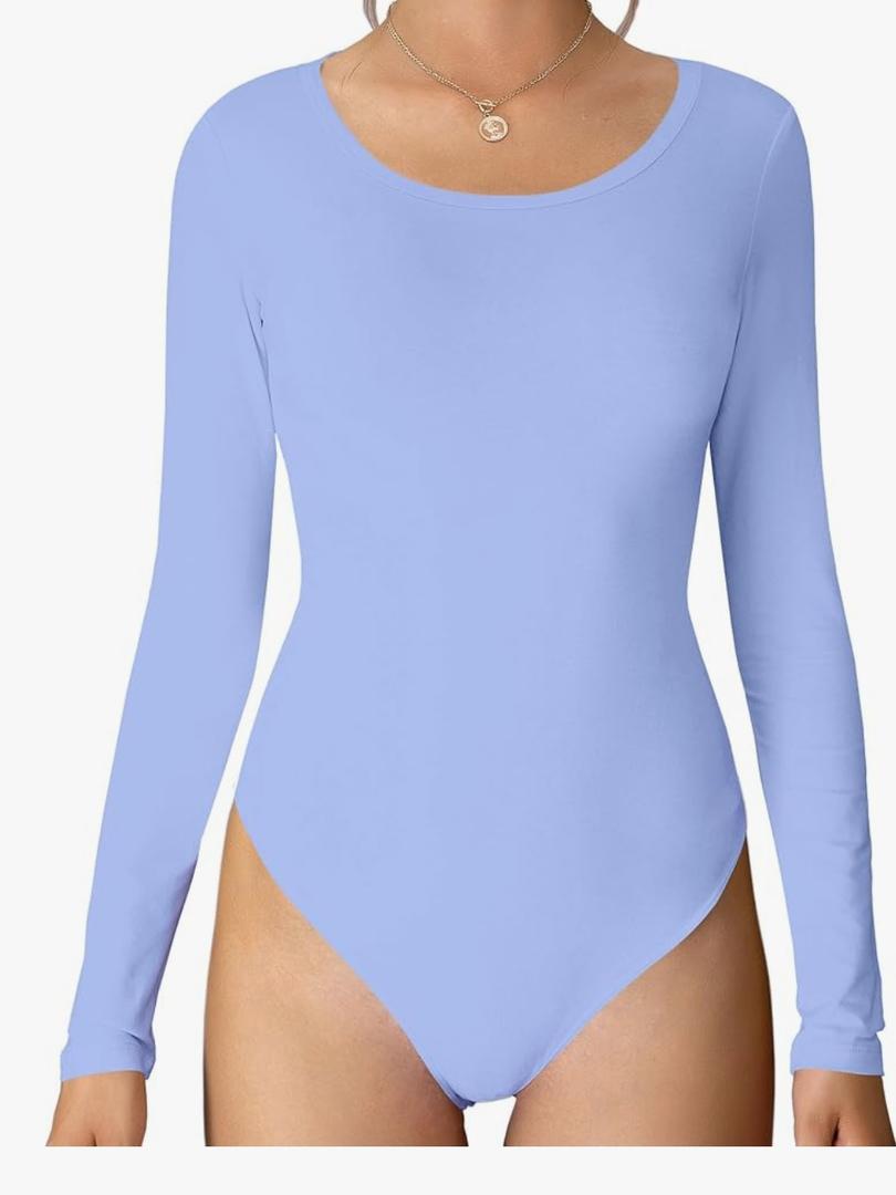 REORIA Womens Long Sleeve Bodysuits Fall Basic Round Neck Lightweight Double Lined Layering Slim Body Suit Tops, 2XL