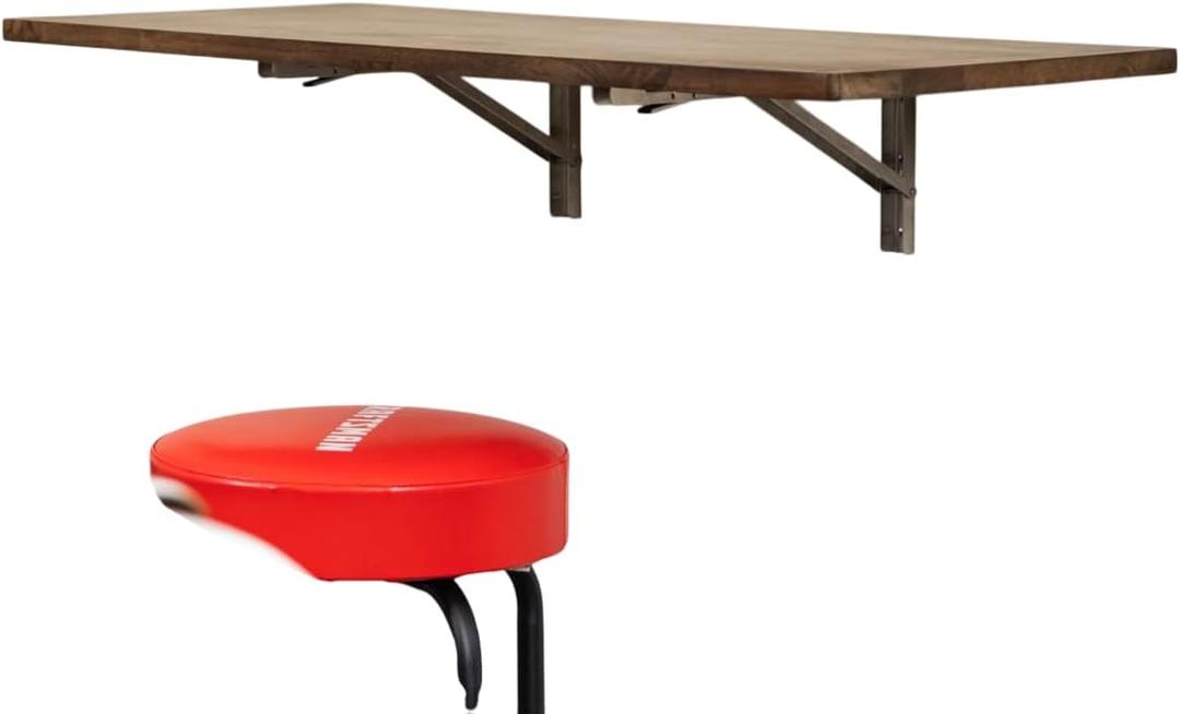 StoreYourBoard Folding Workbench, Wall Mounted Foldaway Table, Solid Dark Wood Butcher Block Desk, 40" x 18", Floating Work Bench, Stainless Steel Brackets, Holds 200 Lbs