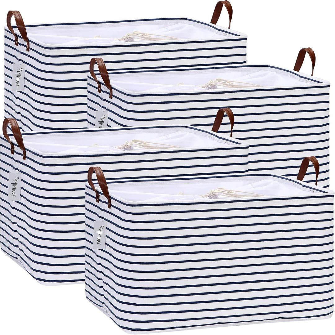 Hinwo 70L Extra Large Storage Bins, 4-Pack Closet Organizers and Storage, Foldable Clothes Storage Baskets with Handles, Containers for Clothing, Blanket, Comforters, Toys, Bedding (Navy Stripe)