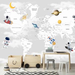 YQWDMX - Grey map Peel and Stick Wallpaper Cartoon Planet Kids wall Mural for Nursery ZY04 L