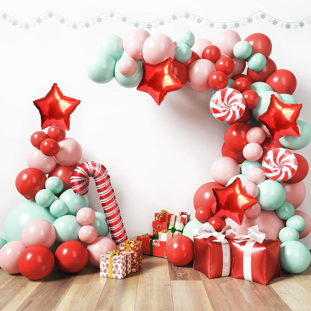 HOUSE OF PARTY Christmas Balloons Arch Kit - Christmas Balloons Red and Mint with Candy Cane Mylar Balloons with Candy Cane for Xmas Decorations