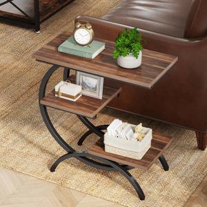 Tribesigns C-Shaped End Table, Industrial 3-Tier Small Side Table for Couch, Wood Bedside Table Snack Side Table with Storage Shelves for Living Room Small Space, Rustic Brown