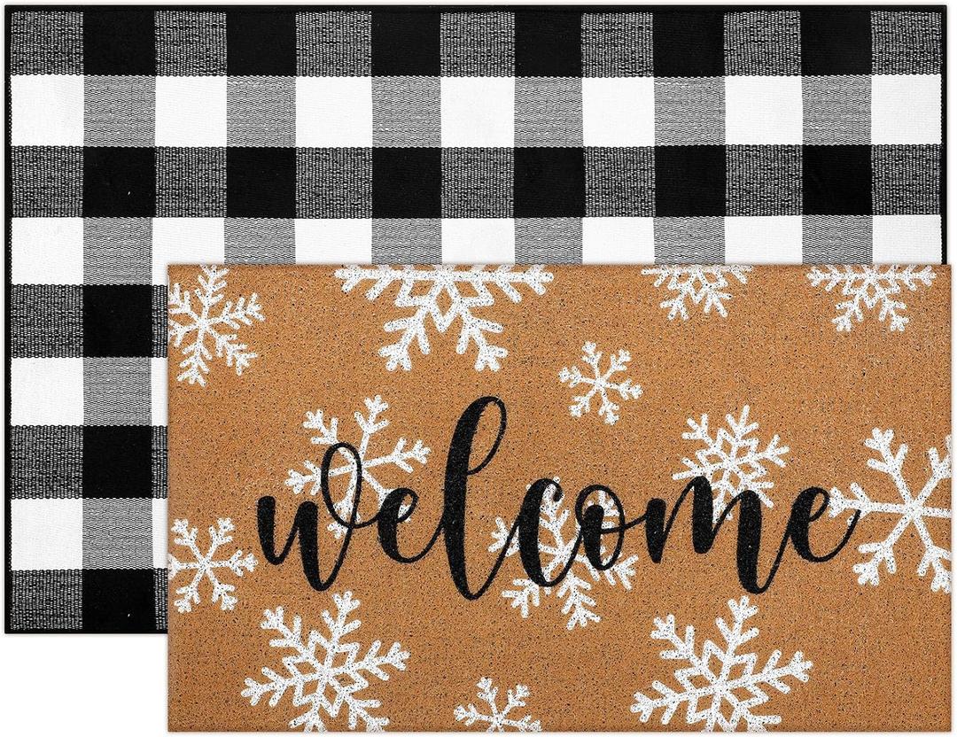 Tinideya 2 Pcs Winter Door Mat Outdoor Snowflake Welcome Mats for Front Door Non Slip Winter Coir Doormat Layering Black White Check Rug for Outside Front Porch Entryway Decor (23.6 x 35.4 Inches)