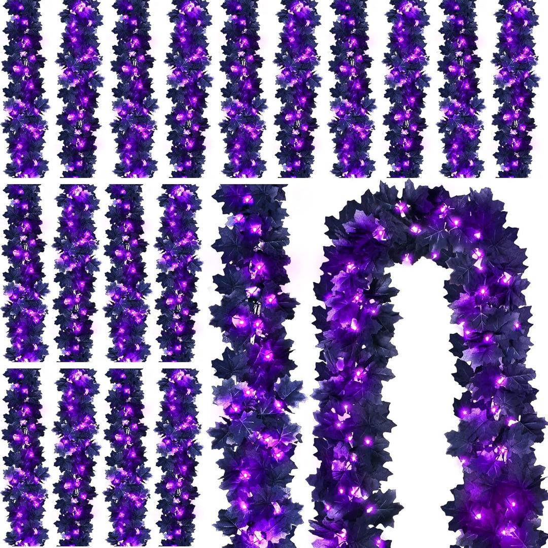 Retisee 20 Pcs Halloween Decorations Fall Decor Maple Leaf String Lights with Timer and Remote 10 ft 30 LED Battery Operated Waterproof Garland 8 Lighting Styles Indoor Outdoor (Black,Purple)