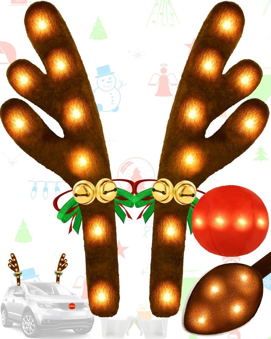 Christmas Reindeer Antlers Car Decoration Kit with LED Warm White Lights, Vehicle Christmas Car Kit with Jingle Bells Rudolph Reindeer and Nose, Tail for The Trunk