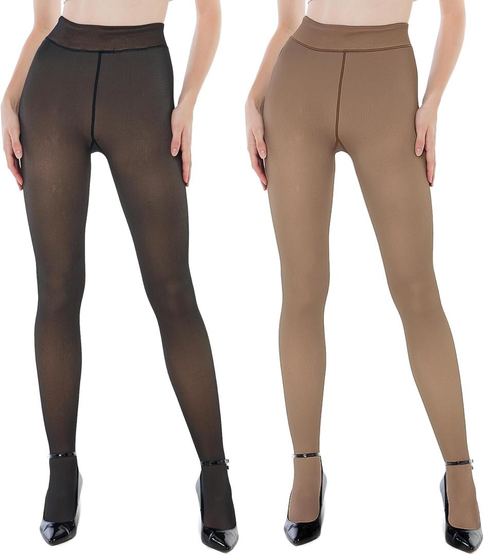EXQUISLIFE Fleece Lined Tights Sheer Women - Fake Translucent Warm Pantyhose Leggings Sheer Thick Tights, for Winter (Medium, Black+coffee)