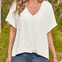 Tankaneo Womens Shirt Tops Batwing Short Sleeve Blouse Summer Casual Oversized V Neck Button Down Shirts (White, XL)