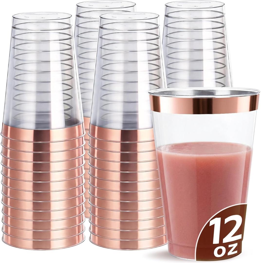 [200 Pack] 12oz Plastic Cups with Rose Gold Rimmed - Sturdy & Food Safe Plastic Wine Glasses Wedding Cups Party Cups Clear Cups Plastic Cocktail Glasses for Wine, Juice, Cocktails and Cold Beverages