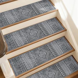 JSEI Stair Treads for Wooden Steps, 15 Pack 8" X 30" Non-Slip Machine Washable Carpet Stair Tread with TPE Backing, Indoor Stair Rug Runner for Kids, Elders & Pets, Polyester, Light Grey/Charcoal Black