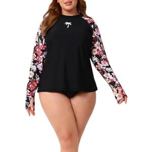Halcurt Women's Plus Size Long Sleeve Rash Guard Swim Shirt with Thumb Holes UPF50+ Sun Protection Swimsuit Top (Black)