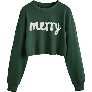 Womens Casual Merry Sweatshirts Merry and Bright Christmas Sweatshirt Long Sleeve Crop Graphic Tees (Small, Green)