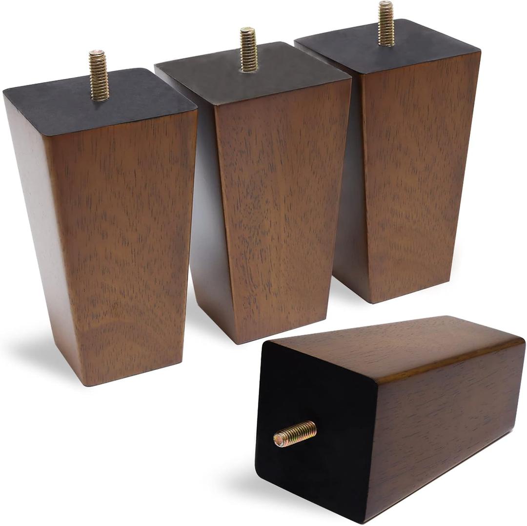 Solid Wooden Furniture Legs 6 Inch, Natural Mid Century Brown Square Legs for Couch, Sofa, Cabinet, Bench, Bed - Set of 4