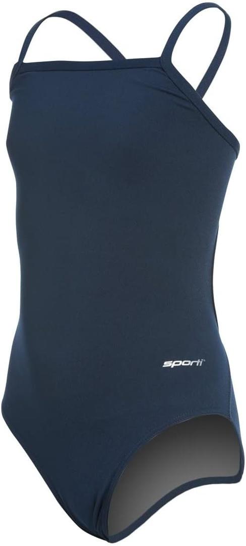 Sporti Thin Strap Girls' Athletic One-Piece Swimsuit Hydrolast Technology, Competitive Bathing Suit for Youth Swimmers (22, Navy)