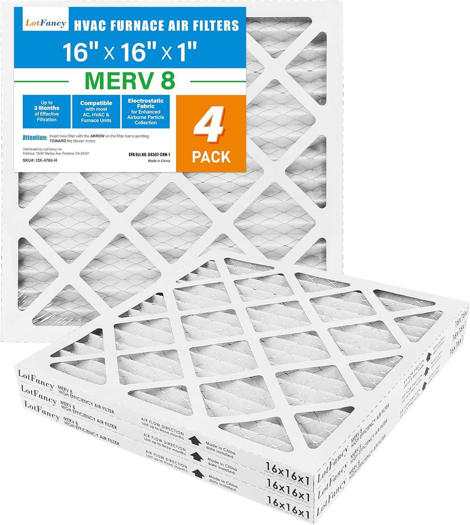 LotFancy 16x16x1 Air Filter MERV 8 Dust Defense (4-Pack) Pleated HVAC Furnace Air Filters, Replacement for Home AC & Heating Systems, Actual Size: 15.75" x 15.75" x 0.75"