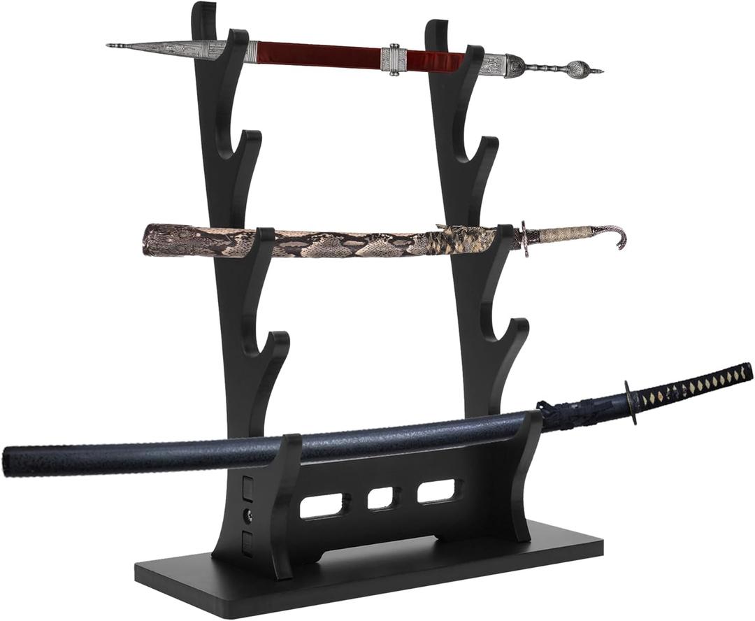 huyear Sword Stand Display 5 Tier,Black Katana Stand Table,Samurai Sword Holder Stand Desktop,Wood Sword Rack for Katana Sword Tanto Rapier Genji Hanging
