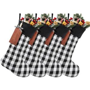 Aoriher 4 Sets Christmas Buffalo Plaid Stockings with DIY Wood Name Tags, 18 Inch Large Xmas Stockings Hanging Decorations with Tags for Christmas Fireplace Decor(Plaid,Black White B)