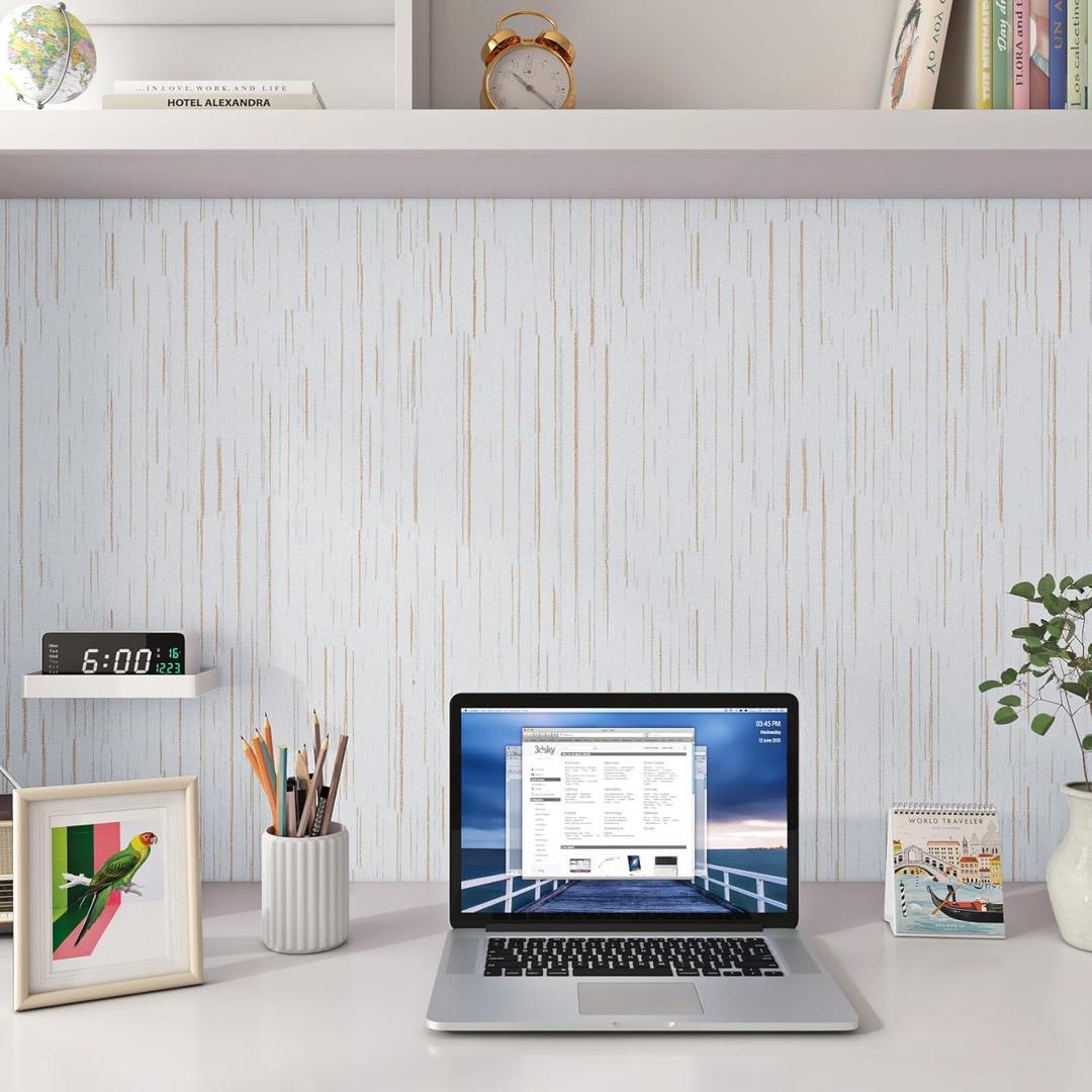 Livelynine 15.7x393 Peel and Stick Textured Wallpaper for Bathroom Wall Waterproof Grass Cloth Fabric Texture Wall Paper Modern White and Gold Contact Paper for Cabinets Shelf Living Room Bedroom RV