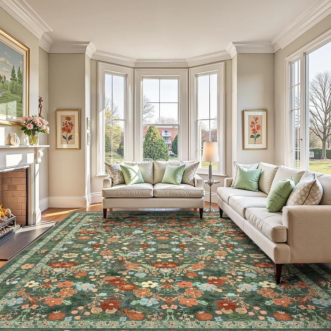 Deerly Green Floral Washable Area Rugs 9x12 for Living Room Large Vintage Boho Non-Slip Bedroom Carpet Soft Low Pile Thin Floor Mat Indoor for Dining Room Playroom Nursery Farmhouse, Green/Multi