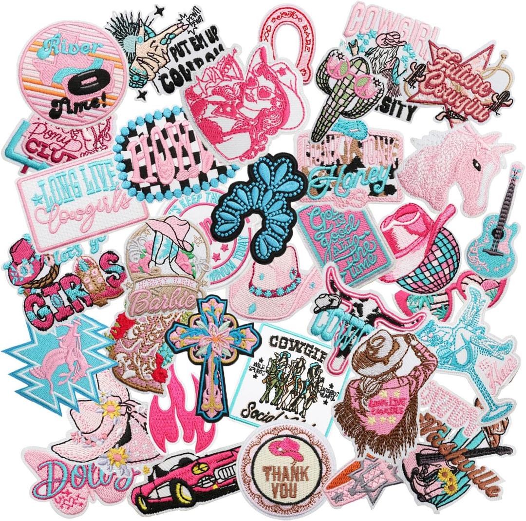 36pcs Cowgirl Iron/Sew on Patches, Fashion Y2K Embroidered Applique, Cool Cute Girly Decoration Stickers for Clothes, Hat, Bag, Shirt, Jeans, Dress