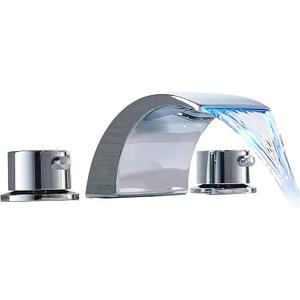 Waterfall Bathroom Faucet Chrome Widespread Two Handle 3 Hole 8 Inch Led Light Vanity Sink Bath Tub Restroom Faucets Parts Lavatory Mixer Tap Water Hoses Spout Commercial