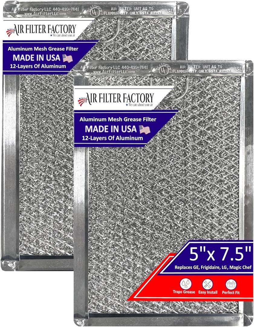 12-Layer Air Filter Factory 5" x 7.5" Pull Tab Microwave Grease Filter Replacements For Many GE, Frigidaire, Magic Chef & LG Microwave Oven Models Filter Set Of 2 (Pull Tab Short Side)