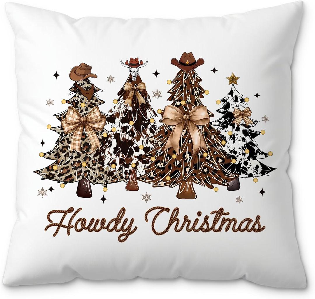Western Christmas Tree Pillow Covers 18x18, Cowgirl Room Decor, Coquette Bow Cowhide Xmas Tree Holiday Decorative Pillow Covers for Couch Sofa Bedroom Living Room Home (Style01)