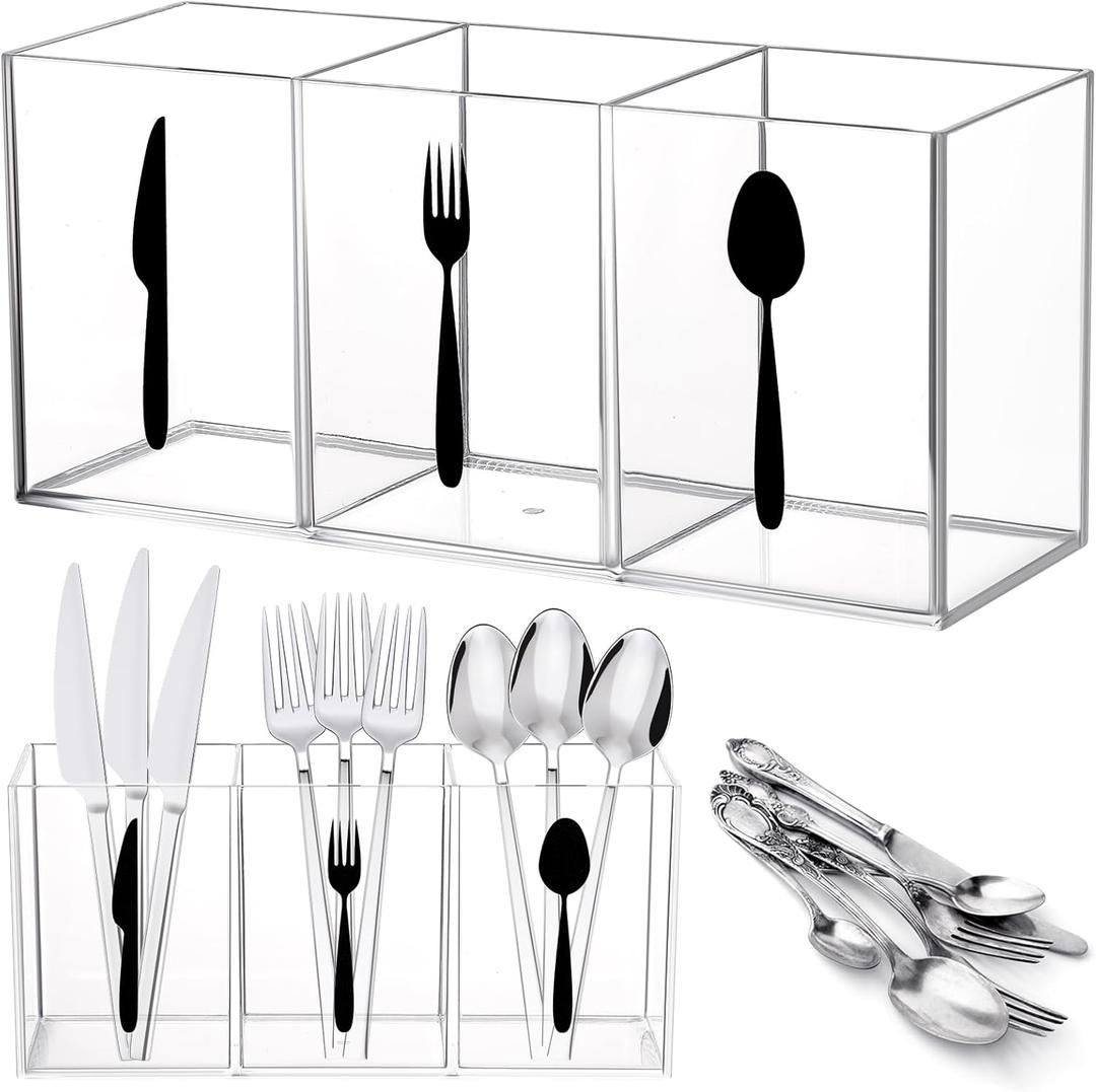Suzile Acrylic Cutlery Storage Organizer Bin Silverware Caddy Countertop Knife Spoon and Fork Holder Kitchen 3 Section Tableware Storage Box for Cabinet Indoor Home Flatware Dining Room (Clear,M)