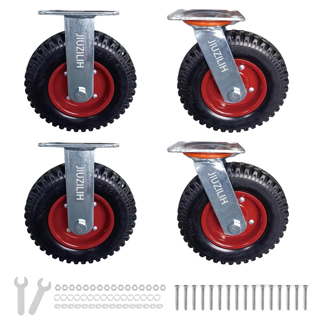 8" Caster Wheels For Carts Heavy Duty Casters Set Of 4 (2 Swivel & 2 Fixed) Cart Wheels Large Rubber Castor Wheels Sets 4 With Screws