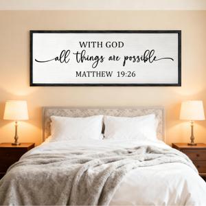 With God All Things are Possible Framed Wall Art, 40'x'15'' Positive Holy Religious Rustic Bible Verse for Christian God Jesus Christ Prayer, Vintage Horizontal Inspirational Catholic Scripture Decor