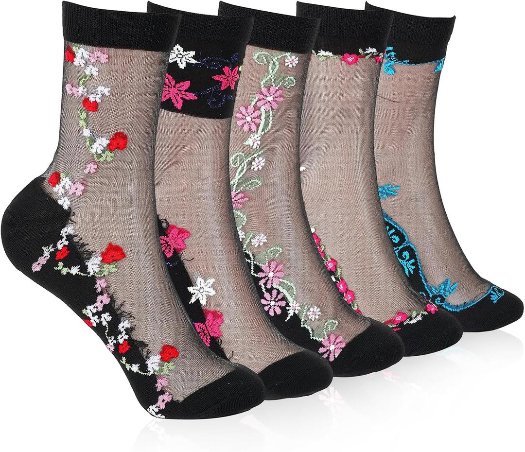 5 Pairs Womens Sheer Socks, Ultra Thin Mesh Socks with Flowers | Ankle Length Sock Candy, for Womens Summer (Black, No Size)
