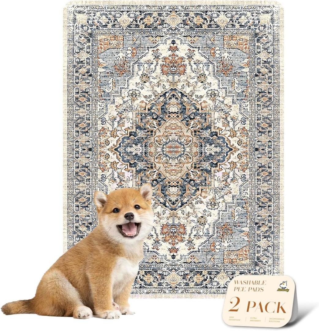 nunubaby Reusable Potty Pads for Dogs for Crates and Floors. Washable Pee Pads for Dogs, Stylish, Non-Slip and Leak-Proof Pee Pads (Beige/Multi, 18" x 24" )