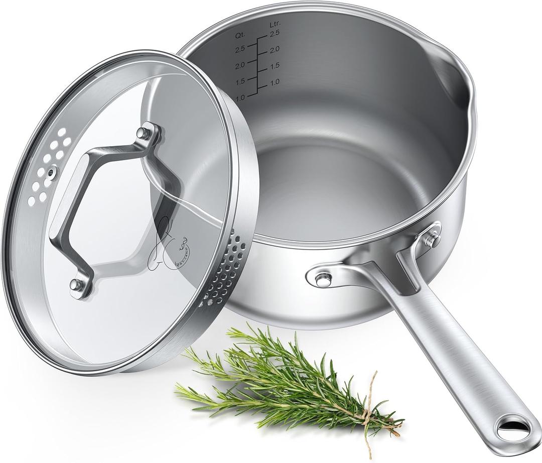 PekGema Stainless Steel Saucepan 3 Quart with Glass Strainer Lid, Thicken Tri-ply Full Sauce Pot, Two Side Spouts for Easy Pour, Dishwasher Safe, Induction Ready, Compatible with All Cooktops