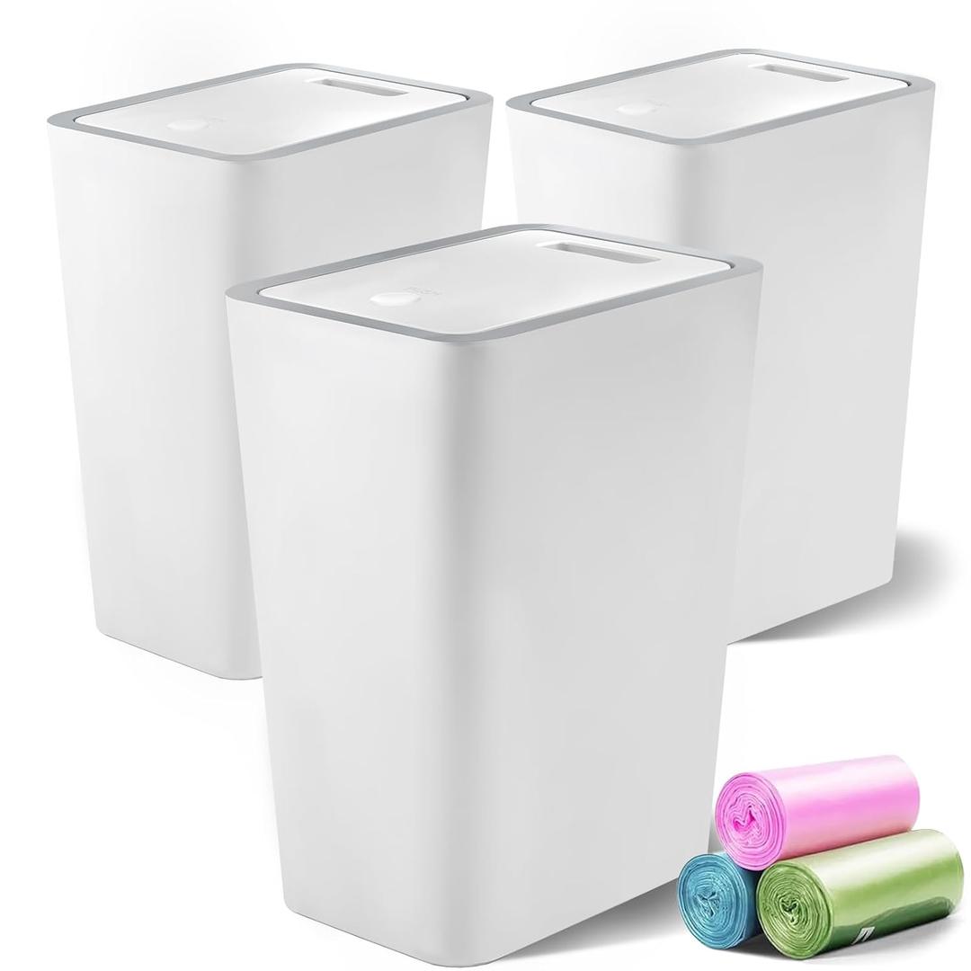Lysam Small Trash Can, 3 Pack 4 Gallons Bathroom Garbage Can with Lid Press-Top, Small Waste Basket with Trash Bags, Slim Plastic Garbage Bin for Dorm, Office, Bedroom, Kitchen, Living Room (White)