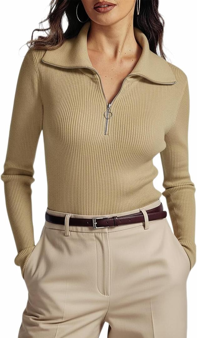 Prettywear Women's 2024 Long Sleeve Half Zip Pullover Sweaters V Neck Lapel Collared Dressy Casual Knit Fall Tops (Khaki, M)