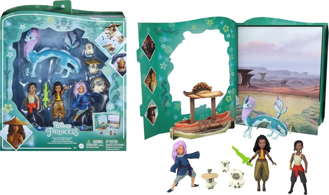 Mattel Disney Princess Toys, Raya Classic Storybook Set with 7 Characters Including Raya, Human Sisu & Dragon Sisu Small Dolls, Inspired by the Movie