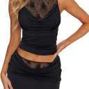 CSDAJIO 2 Piece Outfits for Women Sleeveless Lace Shirt Draped Cowl Neck Tank Top and Ruched Bodycon Mini Skirt Sets (Black, S)