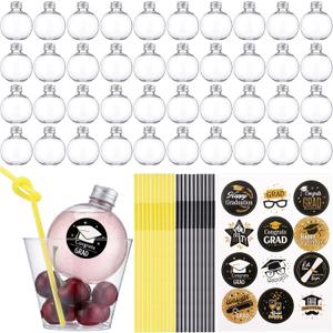 LemonRoad 40 Set 20 Set Graduation Balls Refillable Drink Ball with Graduation Themed Stickers and Straws Spherical Plastic Potion Bottle Plastic Fillable Ornament Balls for Class of 2026 Party