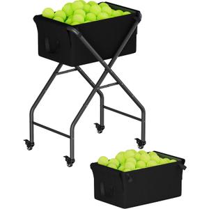 Tennis Ball Hopper Cart Holds 175 Tennis Balls or 140 Pickleballs, Portable Pickleball Collector Caddy with Wheels, Foldable Baseball Basket Holder for Court Training & Coaching (Black)
