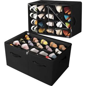Shoe Organizer for Closet 2 Pack, Foldable Shoe Box with Adjustable Divider and Clear Cover, Space Saving Shoe Storage Organizer Cabinet with Reinforced Handles, Fits 40 Pair, Black, TP11B (Extra Large(26.5''L x 16.54''W x 13'H))