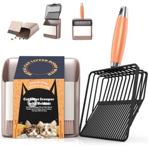 Heavy Duty Metal Cat Litter Scoop with Holder - Broom and Dustpan Set - Quick-Sifting Mesh for Clump-Free Cleaning, Compatible with Most Litter Types