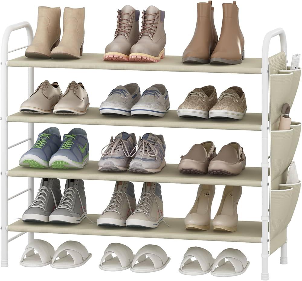 SUOERNUO Shoe Rack Storage Organizer 4 Tier Free Standing Metal Shoe Shelf Compact Shoe Organizer with Side Bag for Entryway Closet Bedroom,Beige