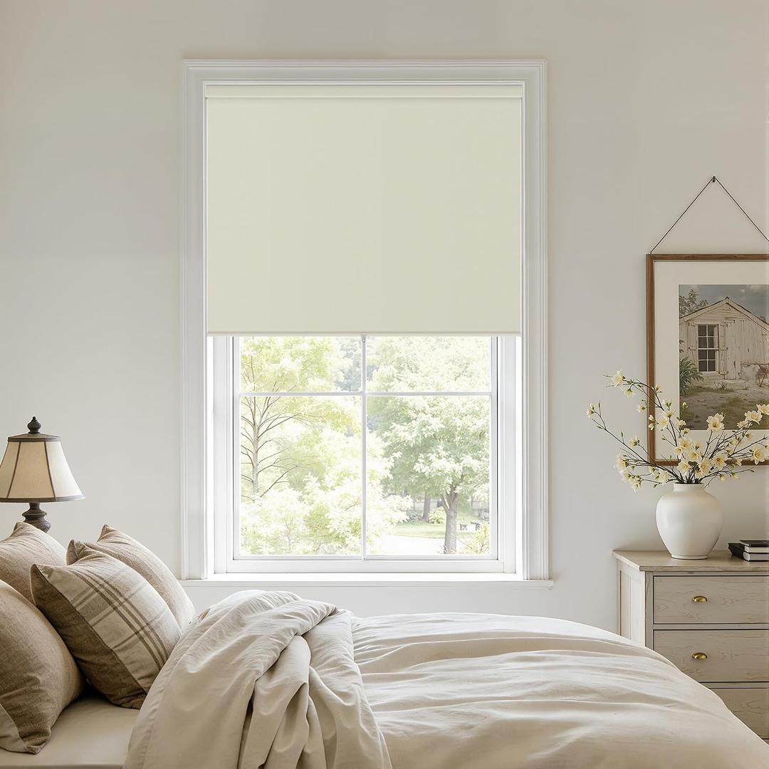 100% Blackout Roller Shades Cordless Blinds for Windows Free-Stop Thermal Insulated Black Out Linen Roller Shades Blinds for Bedroom Living Dining Room Home Office Beige Cream Natural 30" W x 72" H